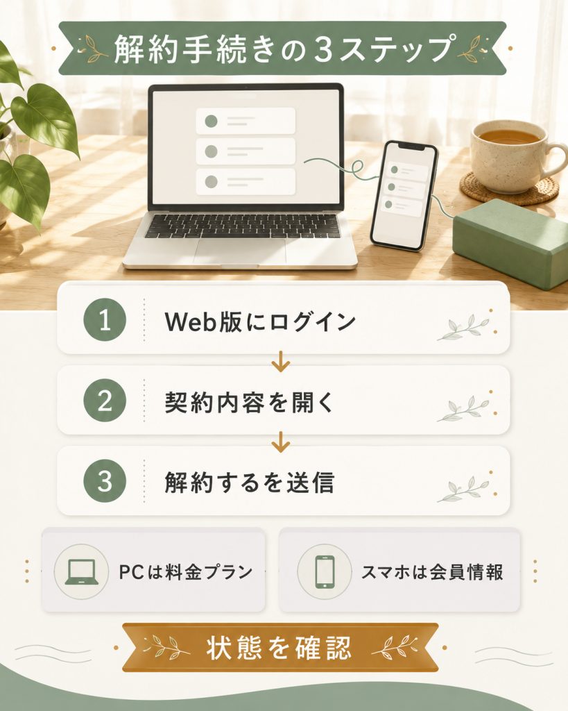 ソエルの解約手続きをWeb版マイページで進める3ステップの図解