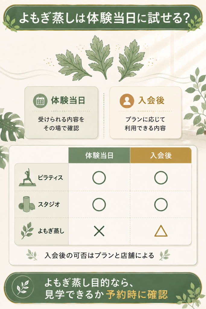ソエルスタジオのよもぎ蒸しが体験レッスン対象外と分かる比較図