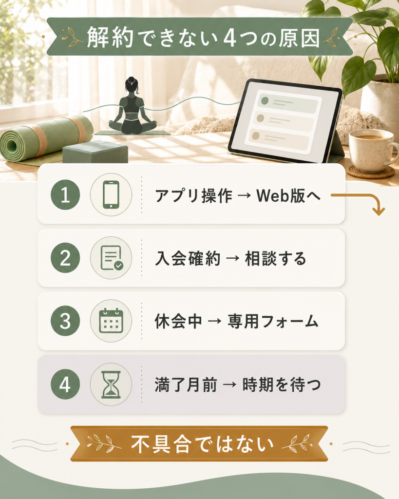 ソエルの解約ができない4つの原因と対処の入り口を整理したカード型図解