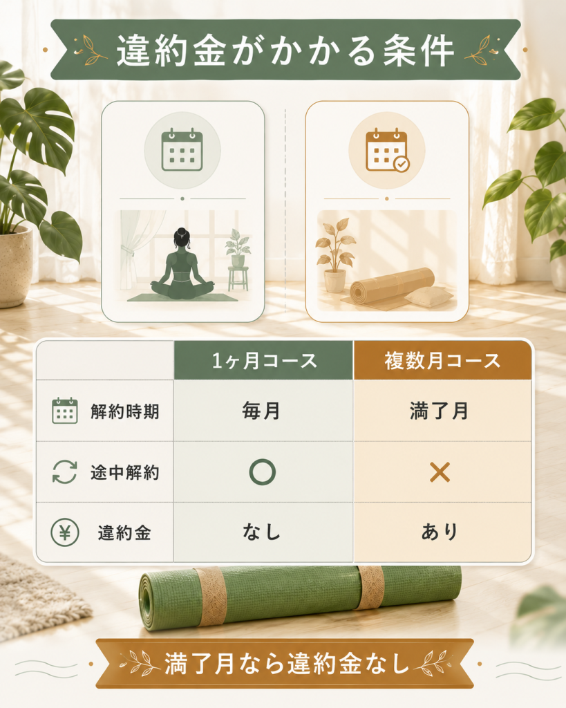 1ヶ月コースと複数月コースで違約金の有無が変わることを示した比較図