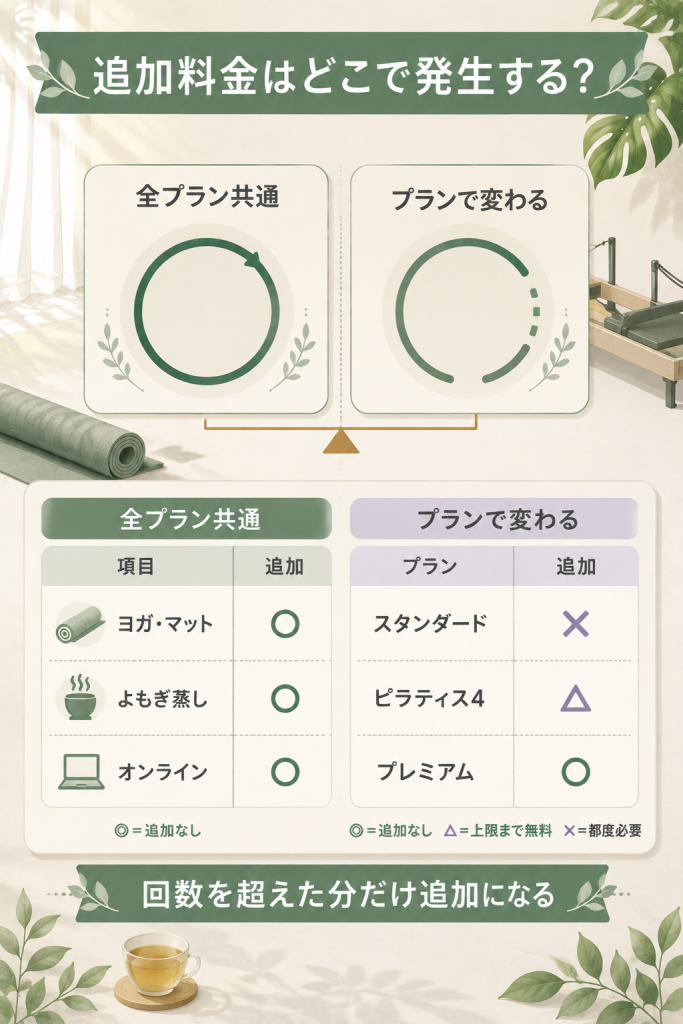 ソエルスタジオで追加料金が発生する範囲と共通範囲の比較図