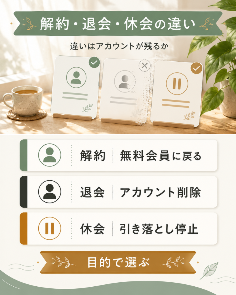 解約・退会・休会でアカウントとチケットの扱いが変わることを示した図解